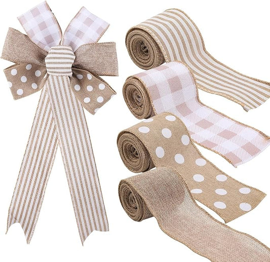 4 Rolls Farmhouse Wired Ribbon Set, 20 Yards Rustic Welcome Stripe Dot Buffalo Plaid Ribbon for Wreaths, Gift Wrapping, Floral Bows, DIY Crafts, Summer Home Decor (Gray)