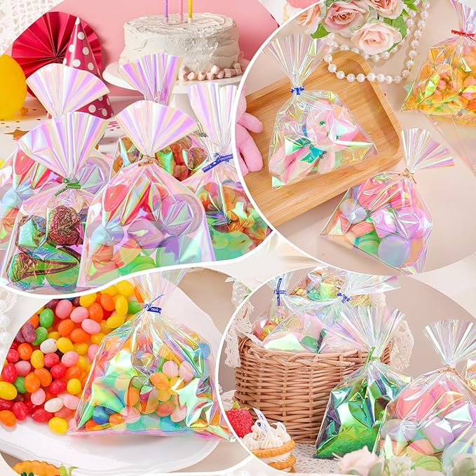 woric 150PCS Iridescent Cellophane Treat Bags with Ties 5x7 Inch Plastic Clear Party Favor Bags Gift Bag for Candies Cookies Baby Showers Weddings Birthday Party Gifts