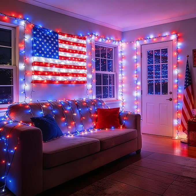 Brizled Color Changing RGB Christmas Lights, 66ft 200 LED Red White Blue String Lights Music Sync, 120+ Modes Remote Dimmable Outdoor Mini Tree Light Indoor Plugin for July 4th Xmas Halloween