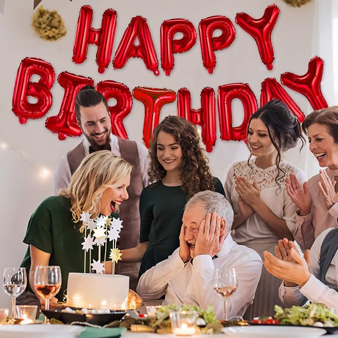 Happy Birthday Balloons Banner Red 16 Inch Mylar Foil Letters | Inflatable Party Decor and Event Decorations for Kids and Adults | Reusable, Ecofriendly Fun