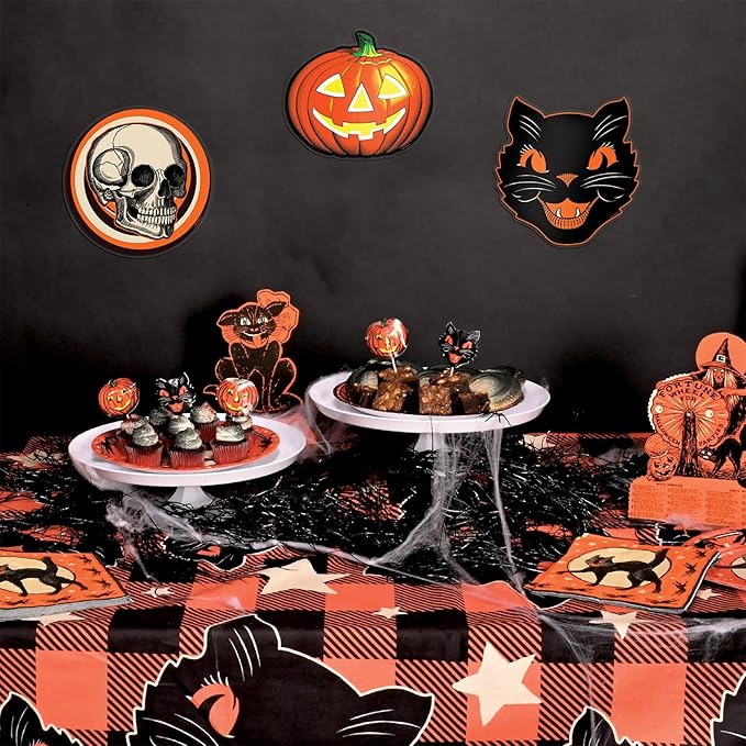Beistle Plastic Vintage Halloween Cutouts – 6 Pack, Classic Retro-Style Decorations with Black Cat, Skull & Jack-O’-Lantern, Indoor or Outdoor Décor for Spooky Seasonal Displays & Parties, 10”–12”