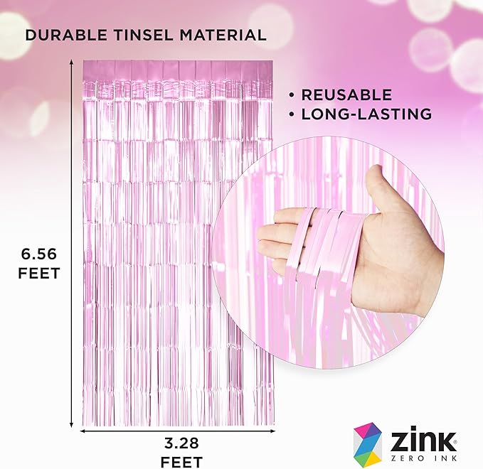 Zink 2 Pack 3.28 Ft x 6.56 Ft Pink Foil Curtain Backdrop - Tinsel Streamers for Photo Booth, Birthday Party, Wedding, Graduation, Holiday Decorations
