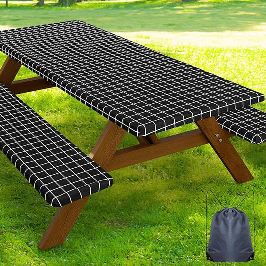 Smiry Picnic Table Cover with Bench Covers, Waterproof Elastic Fitted Tablecloth for 5 Foot Tables, Washable Polyester Tablecloths for Camping, Indoor & Outdoor (Black & White, 30x60 Inch 3-pc Set)
