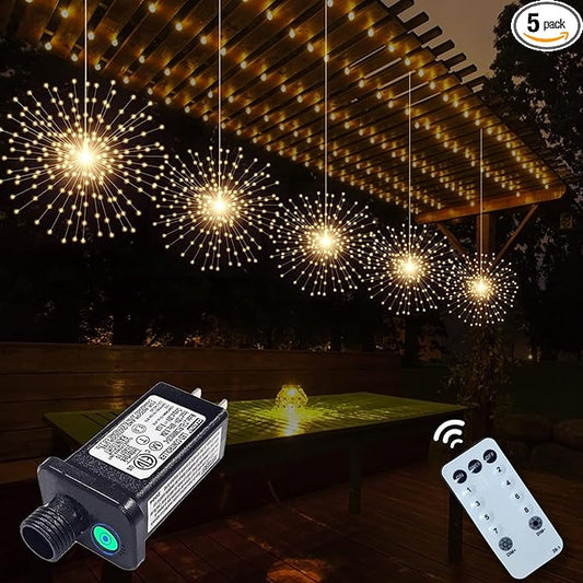 SHUKAN 5 Pcs 1000 LED Plug-in Starburst Sphere Lights, Firework Light 8 Modes Dimmable Remote Control Waterproof Hanging Fairy Light, Copper Wire Lights for Patio Party Tent Christmas (Warm White)