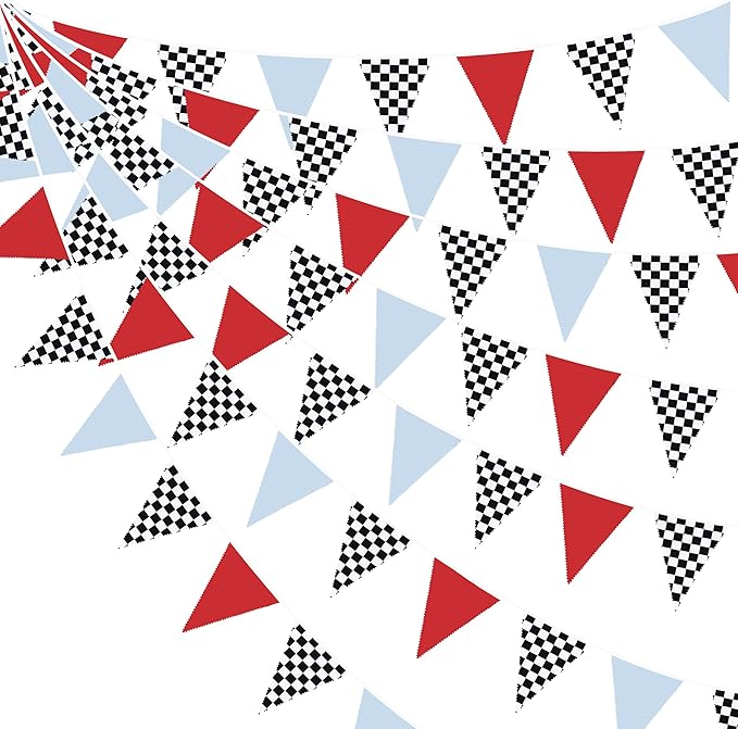 32Ft Racing Party Decorations Red Blue Black White Checkered Racing Car Fabric Banner Triangle Flag Pennant Garland Streamers for Kids Race Car Birthday Racetrack Baby Shower NASCAR Picnic Decor