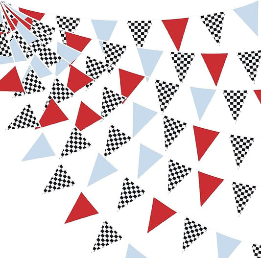 32Ft Racing Party Decorations Red Blue Black White Checkered Racing Car Fabric Banner Triangle Flag Pennant Garland Streamers for Kids Race Car Birthday Racetrack Baby Shower NASCAR Picnic Decor