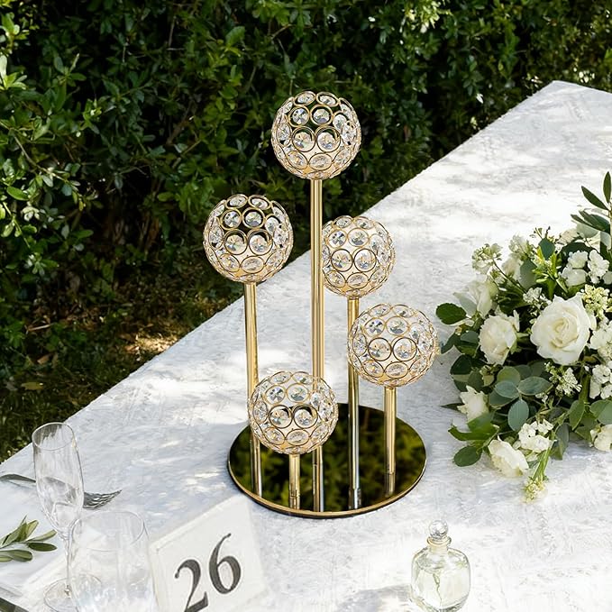5-Arm Crystal Tealight Candelabra Centerpiece, 14.8 Inch Metal Candle Holder for Table Decor, Wedding, Christmas, Party, Anniversary & Home Decoration (2, Gold, S-14.8 in)