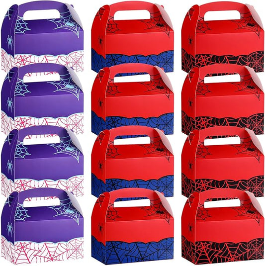 Marspark 12 Pack Spider Web Cartoon Birthday Party Supplies, Paper Gift Boxes, Cartoon Candy Treat Boxes for Birthday Party Decorations(3 Color Spider Pattern)