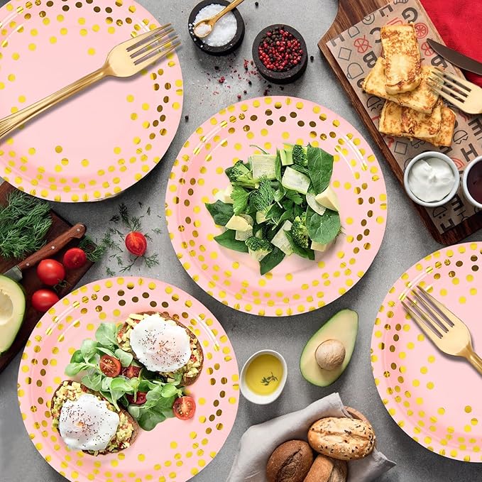 Pink and Gold Paper Tableware Set-150PCS-50 x 7'' Dessert Plates & 50 x 6.5'' Napkins & 50 x 7.3'' Forks,Disposable Party Supplies for Baby Showers,Birthday,Wedding,Bridal Showers,Anniversary