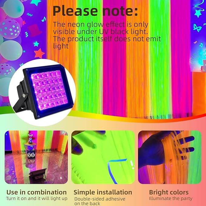 Aduck Glow in The Dark Party Supplies, Neon Party Decorations Foil Fringe Curtains with Tinsel Backdrop(2-Pack), Fluorescent Yellow/Orange/Pink Streamers for Photo Booth Birthday Decorations-6.6x6.6ft