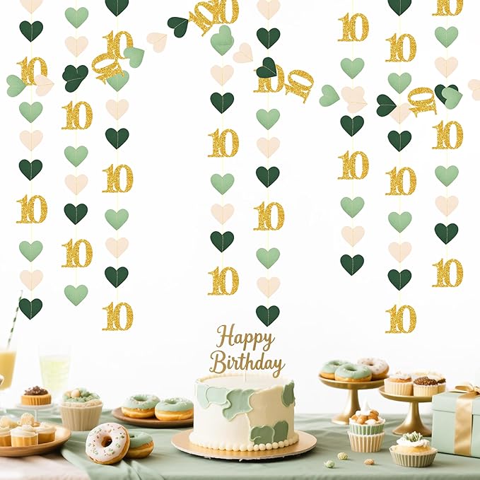 Sage Green Gold 10th Birthday Decorations Sage Green Gold Heart Garland Streamer Banner Backdrop for Girls Happy 10th Birthday Double Digits I'm 10 Cheers to 10 Years Old Anniversary Party Supplies