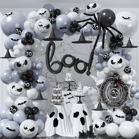 Halloween Balloon Garland Kit with Spider Diy Balloons,116Pcs Black White Gray Skull Print Balloons with 3D Bat & Spider BOO Foil Balloons for Gothic Spooky Trick or Treat Party Decorations Supplies