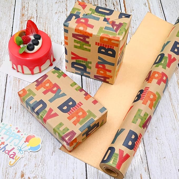 Birthday Wrapping Paper,Gift Wrapping Paper Roll,Kraft Wrapping Paper-17 inch X 32.8 Feet Per roll,Colorful Text Happy Birthday Design Perfect For Boys Girls Birthdays Holiday Wrap, Party, Baby Shower