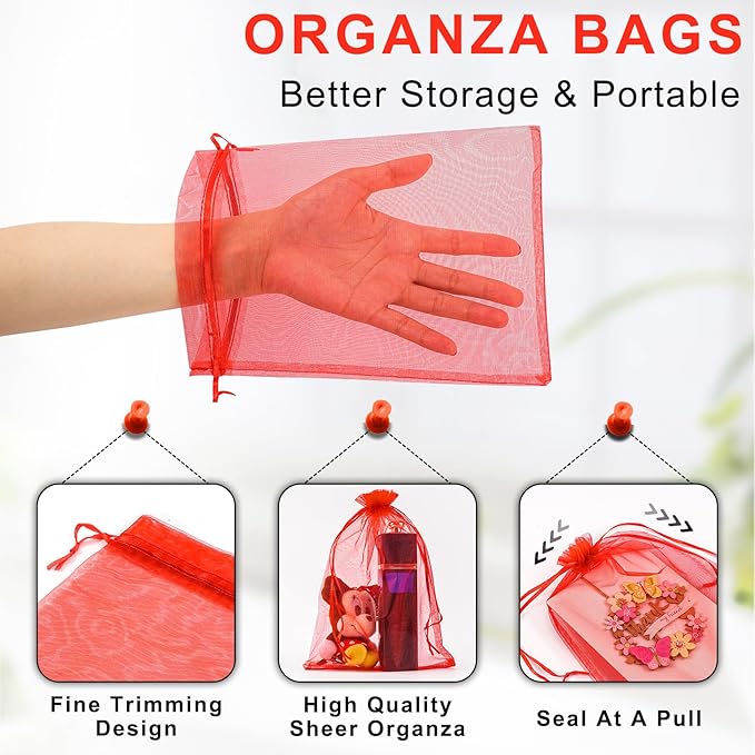ANZNKU 50 Pack Red Organza Bags 6x9 inches Mesh Bags Drawstring, Sheer Mesh Bag Drawstring, Gift Bag for Easter Gift Party, Wedding Mesh Festival Makeup Favor Pouch