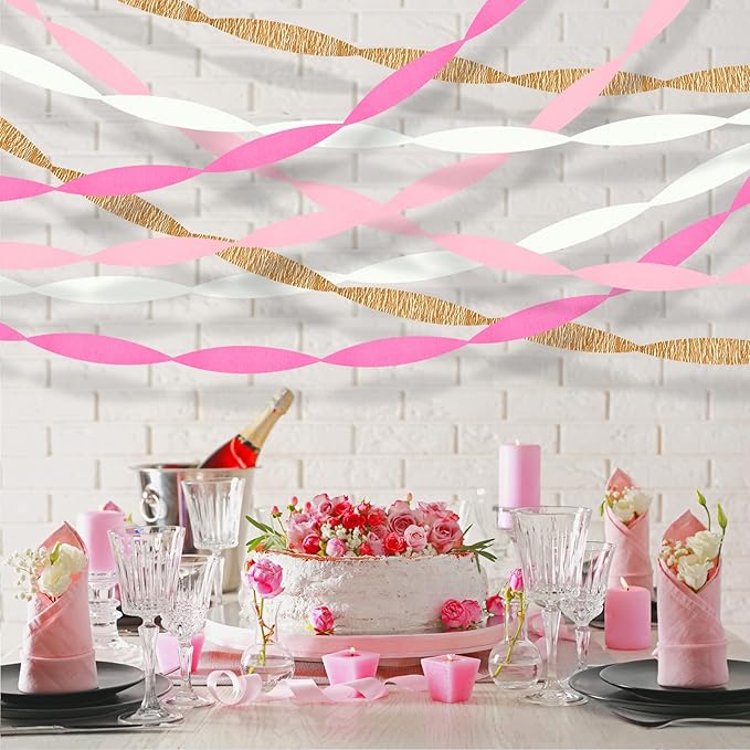 Pink Streamers Party Decorations, 8 Rolls 656ft Pink and Gold Crepe Paper Streamers for Wedding, Bridal Shower, Baby Shower, Birthday, Valentines Day, Bachelorette, Girl Party Backdrop Decorations