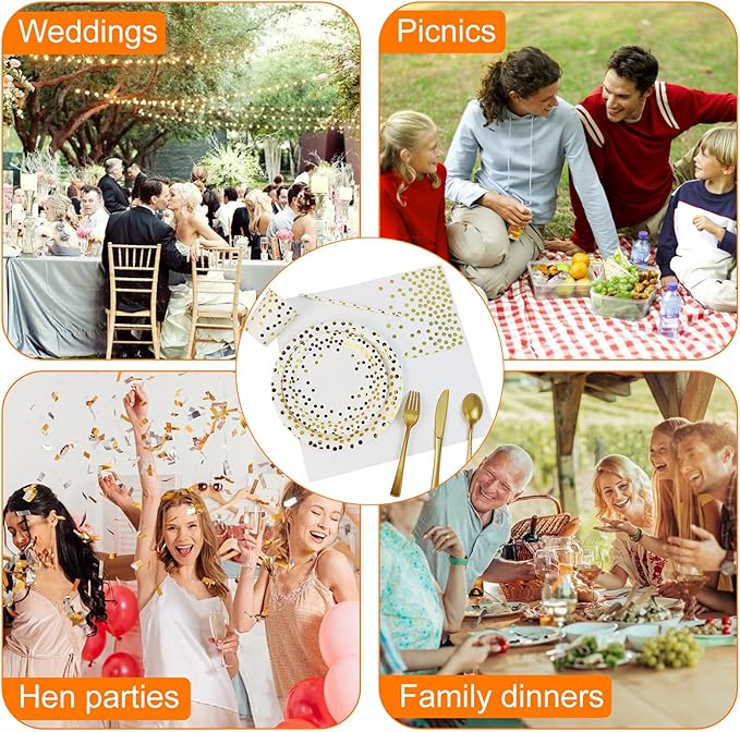 Party Supplies 402pcs White & Gold Plates and Napkins Sets - Disposable Dinnerware Sets for 50 Guests with Paper Plates Cups Straws Plastic Cutlery 2 Tablecloths - Bridal Shower Birthday Wedding
