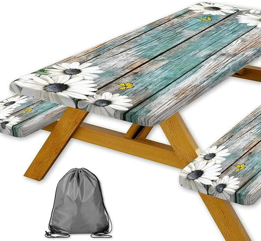 Daisy Flowers Picnic Table Cover with Bench Covers and Bag, Camping Essentials, Wooden Grain Waterproof Windproof, Fitted Tablecloth Cover with Elastic Edge, for Indoor & Outdoor, 3 PCS, 30x72 Inch