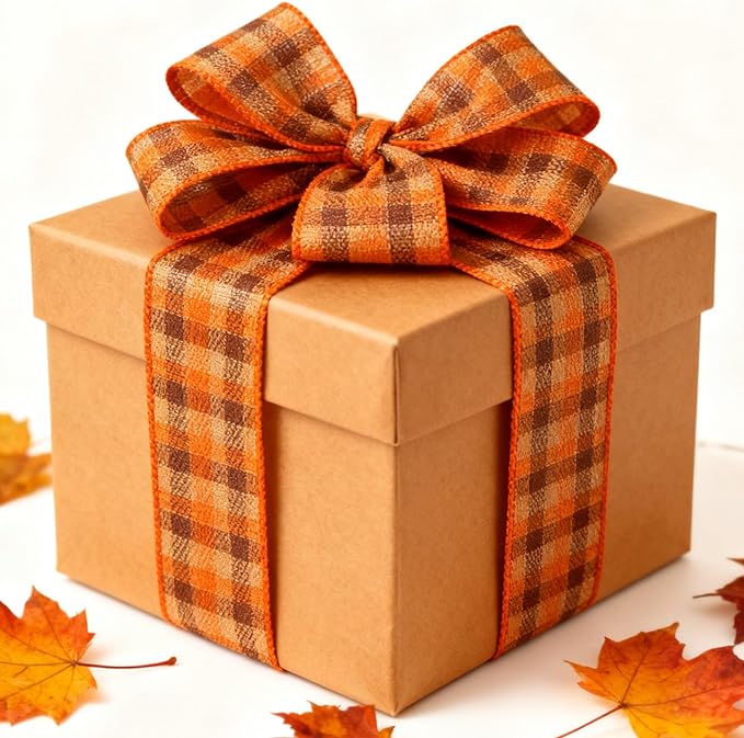 Meseey 4 Inch x 10 Yards Orange Brown Beige Plaid Wired Ribbon, Fall Burlap Wired Edge Ribbons for Large Wreaths, Big Bows, Gift Wrapping, Thanksgiving & Halloween Outdoor Decor (Brown/Orange)