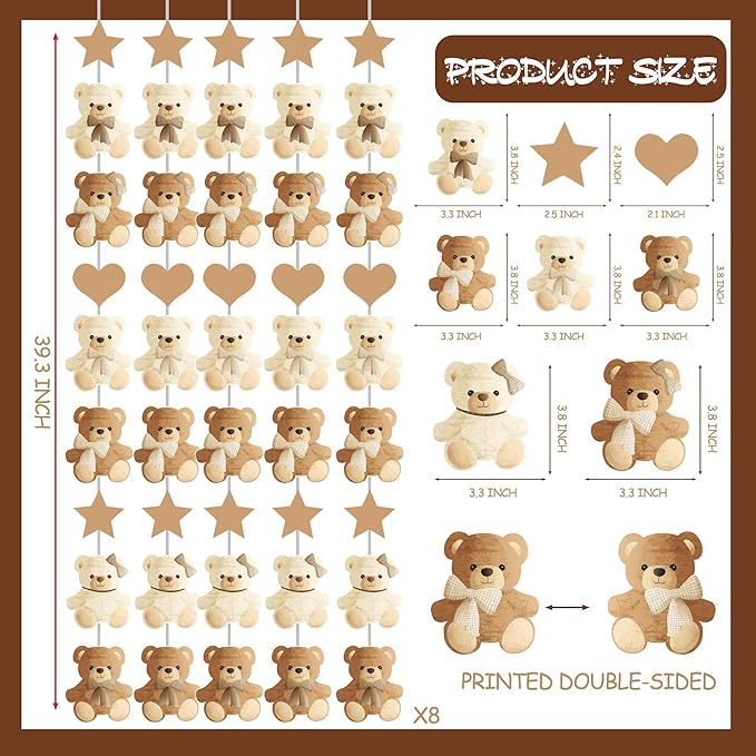 Brown Bear Birthday Party Decorations 8PCS Teddy Bear Garland banner Bear Baby Shower Supplies Bearly Wait Gender Reveal Hanging Cutout Garlands for Birthday Wedding Party Decor