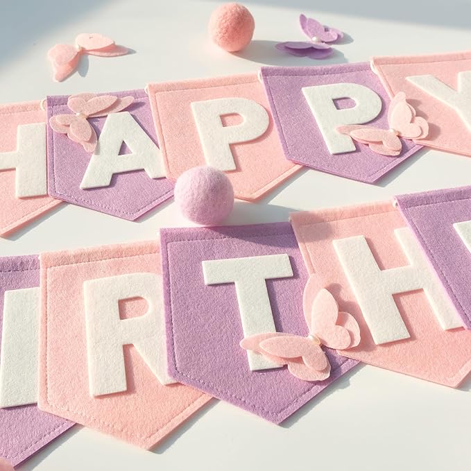Felt Purple Pink Happy Birthday Banner Birthday Decorations for Women Girls Boys Men Pets Handmade Party Backdrop