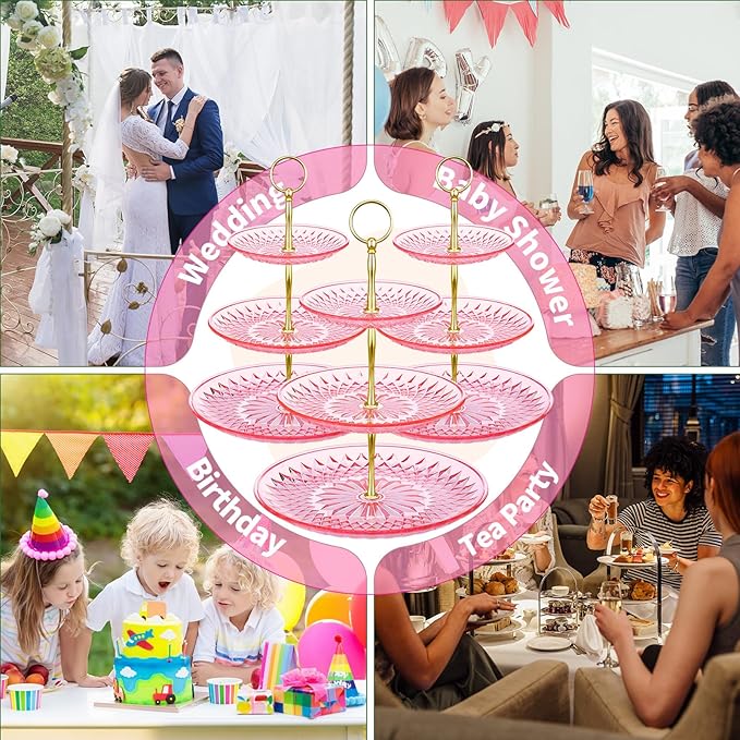 Patelai 8 Packs 3 Tier Crystal Acrylic Clear Cake Stand with Gold Round Holder Acrylic Cupcake Stand Holder for Home Wedding Holiday Birthday Baby Shower Tea Party (Clear Pink)