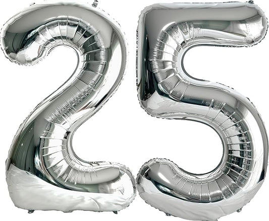 FIROMI 25 Number Balloons Silver Big Giant Jumbo Huge Foil Mylar 25 Balloon Numbers for 25th Birthday Party Anniversary Events Decorations 40-inches