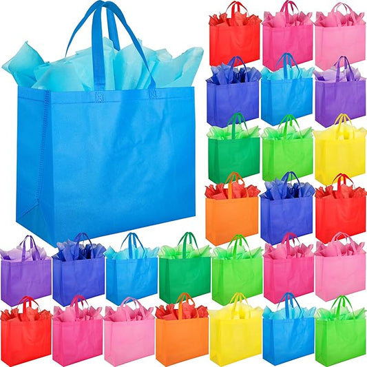 SPERPAND 30 Pcs Large Goodie Bags with Tissues - 15.7" Reusable Non Woven Treat Tote Gift Bag with Handles for Kids Birthday, Holiday Gift Bag, Baby Shower, Rainbow Party Favor Bags