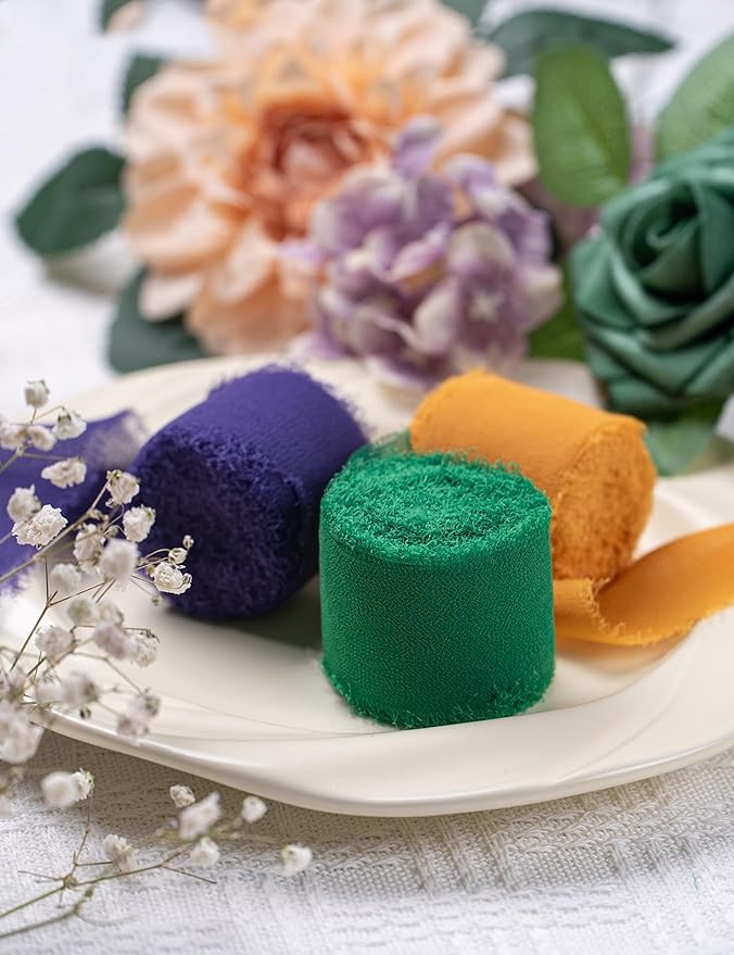 Chiffon Ribbon, Mardi Gras Party Decorations, 1.5''x21Yd Purple Green Yellow Frayed Fringe Silk Ribbon for Gift Wrapping, Floral Vase Decoration, Birthday, Engagement, Bridal Shower, 3 Rolls