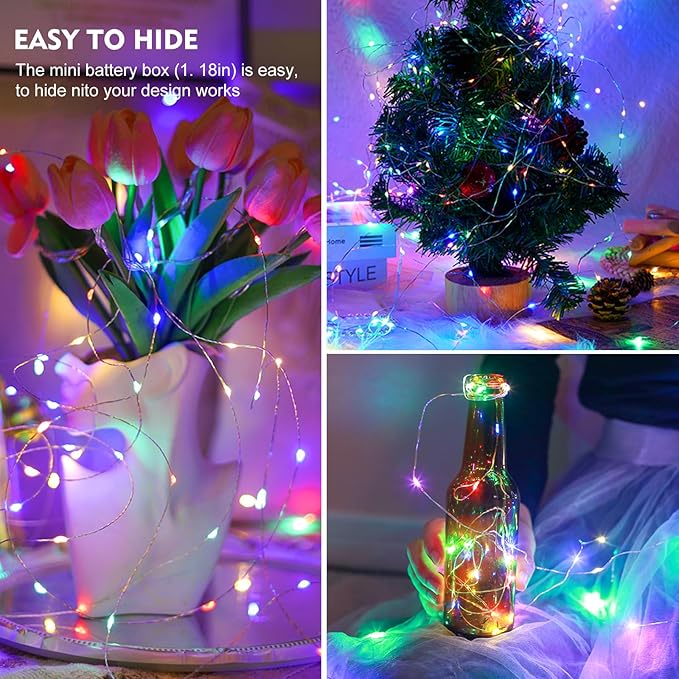 pozzolanas 50 Pack Multi-Colored Fairy Lights Battery Operated 3 Modes 7FT 20 LED Waterproof String Lights Twinkle Silver Wire for Mason Jars Wedding Christmas Halloween Decor (50, Multi-Colored)