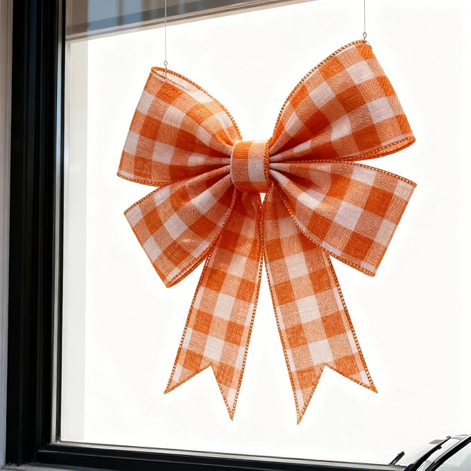 Meseey 4 Inch x 10 Yards Orange White Buffalo Check Wired Ribbon, Fall Burlap Wired Edge Ribbons for Large Wreaths, Big Bows, Gift Wrapping, Thanksgiving & Halloween Decor