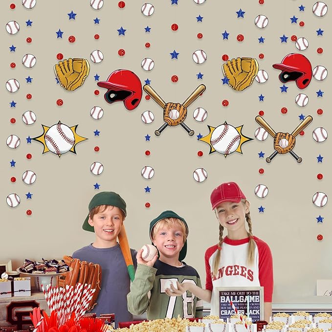 pinkblume Baseball Party Decorations Red Circle Dot Blue Star Baseball Sport Theme Hanging Cutout Garland Streamer for Birthday Baby Shower Wedding Party Supplies Classroom Nursery Wall Ceiling Decor
