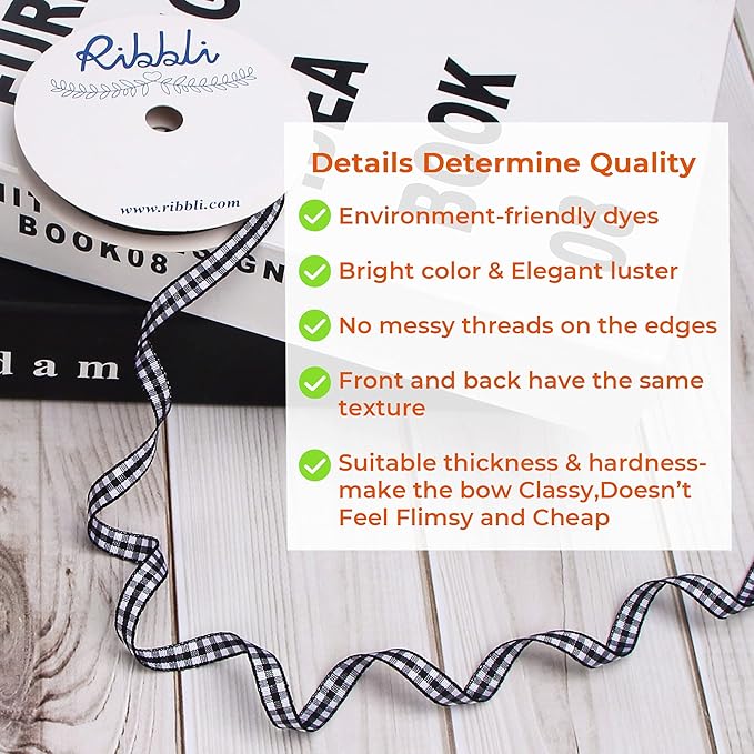 Ribbli Black and White Gingham Ribbon,100% Polyester Woven Edge,1/4 Inch x 10 Yard,Plaid Ribbon,Buffalo Checked Ribbon (Black 1)