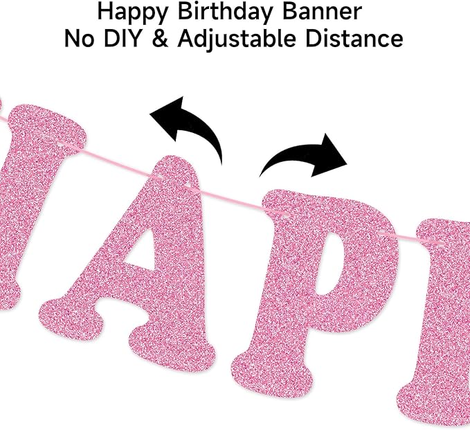 jijAcraft Pink Happy Birthday Banner, Pink Bow Party Banner with 14Pcs Bow Swirls Hanging Garland, Girl Baby Shower Garland, Coquette Birthday Decoration for Wall, Fireplace, Window