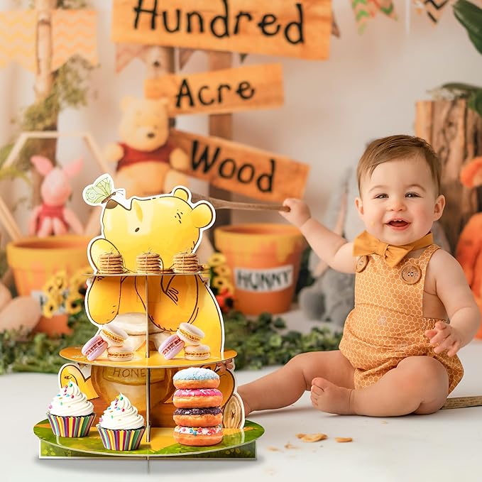 Winnie Themed Cupcake Stand - 3 Tier Winnie Party Dessert Holder Bear Theme Cardboard Cake Stand for Birthday Party Decorations Bear Cupcake Display for Boys Girls Baby Shower Party Supplies
