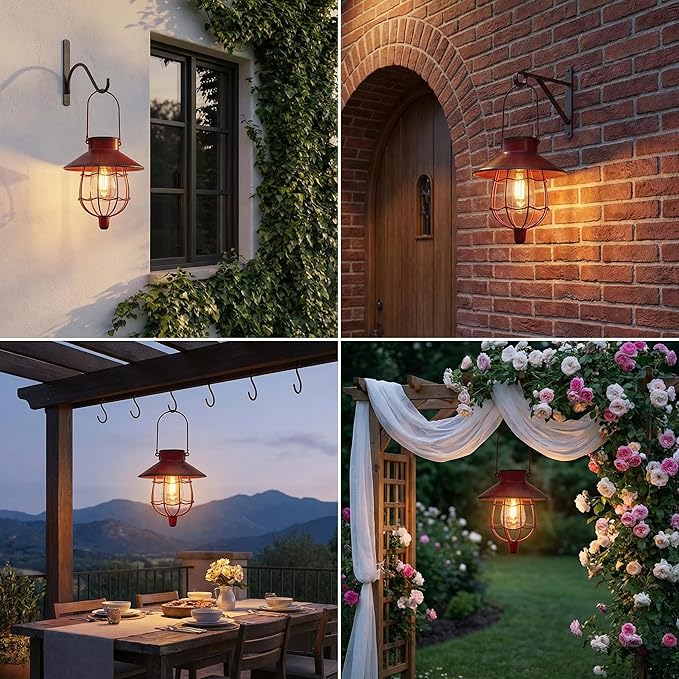 YAKii 2 Pack Solar Lantern Hanging Waterproof Outdoor Metal Solar Lamp with Warm White Light Decorate for Yard Garden Pathway Patio Porch Decor (Red)