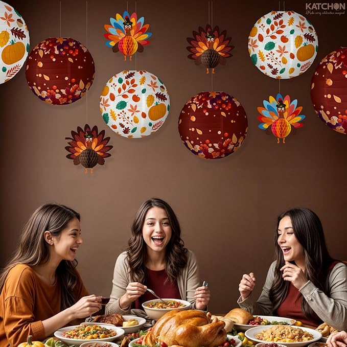 KatchOn, Thanksgiving Hanging Decorations - Huge Pack of 10 | Paper Lanterns and Turkey Decorations | Hanging Thanksgiving Decorations | Friendsgiving Party Decorations, Fall Decor, Harvest Decoration