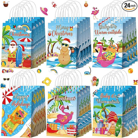 Kolldenn 24 Pcs Christmas Party Favor Bags Hawaiian Christmas Goodie Gift Paper Bags with Handles Tropical Beach Candy Treat Pouch for Xmas Birthday Party Decorations Supplies