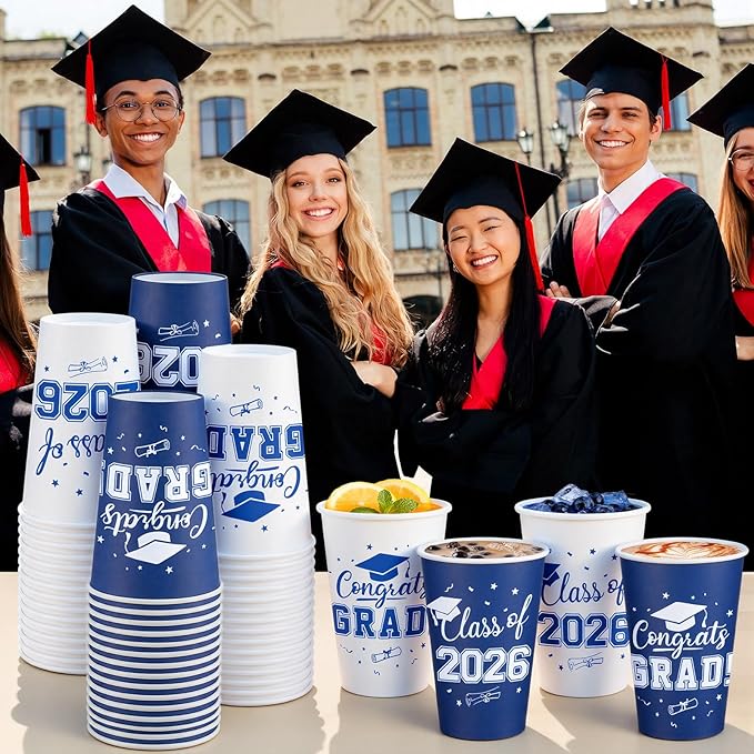 LemonRoad 60 Pcs 12 oz Graduation Paper Cups 2026 Blue and White Graduation Decorations Class of 2026 Grad Cups Congrats Grad Party Disposable Tablewares for School Party Supplies Home