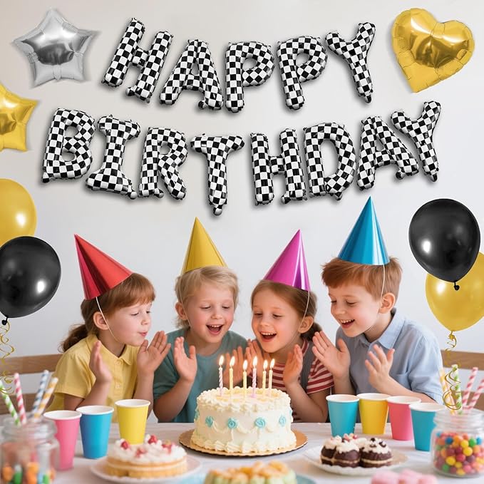 CANREVEL Happy Birthday Banner 13pcs 16 Inch Mylar Foil Letters Sign Balloons Racing Car Birthday Party Decorations for Kids and Adults - 3D Black & White Checkered