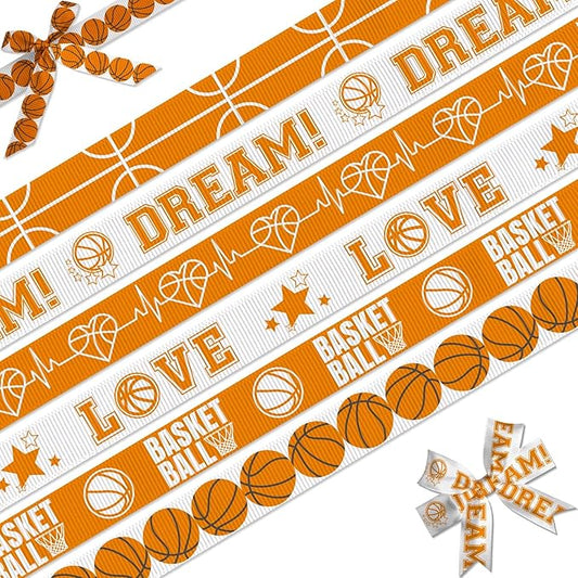 Basketball Ribbon, 6 Pack (5/8 Inch x 3 Yards Each), Grosgrain Sports Ribbons for Team Spirit, Party Decoration, DIY Hair Bows, School Events & Gift Wrapping