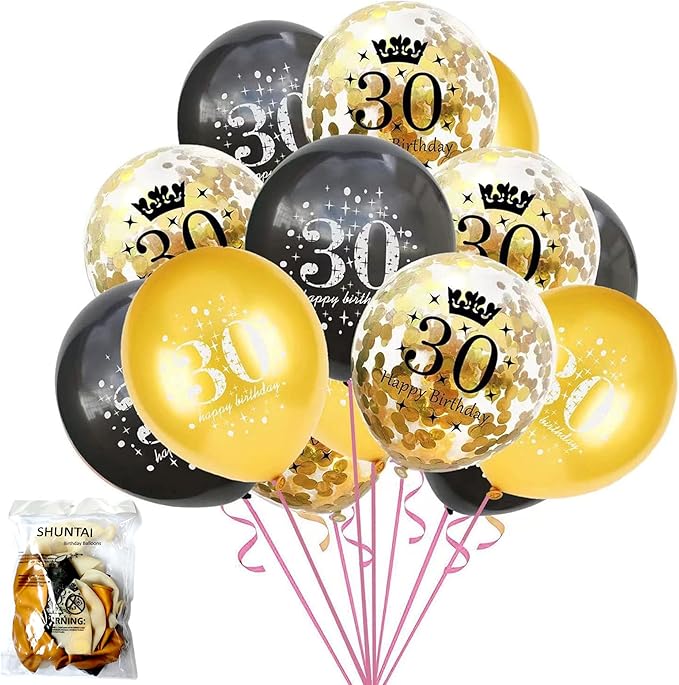 SHUNTAI 30th birthday balloons for Him Her Gold and Black 30th Birthday Decorations Latex Gold Confetti Balloon 30 Years Old Anniversary Theme Happy Birthday Party Supplies 15 Pack 12 inch
