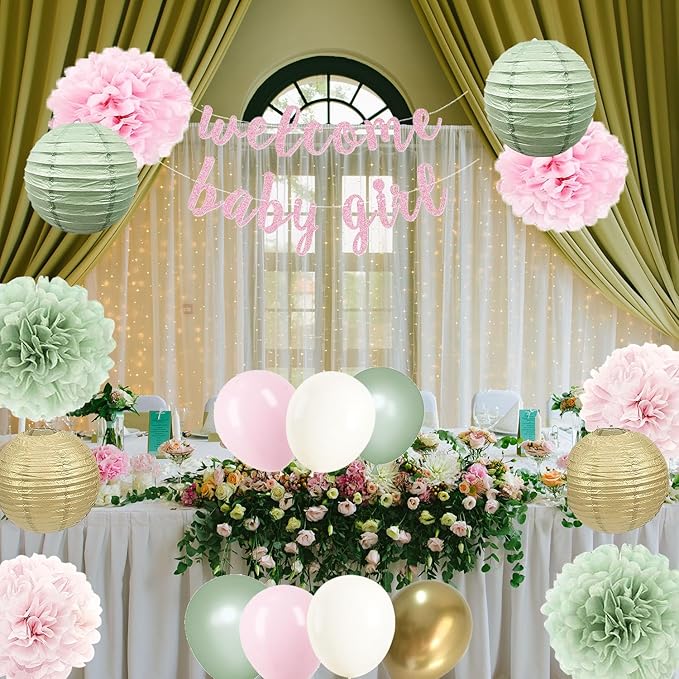 Baby Girl Decorations for Shower in Sage Pink Balloons with Welcome Banner and Paper lantern Tissue Pom Poms Kit (Pastel Sage green + Pink)
