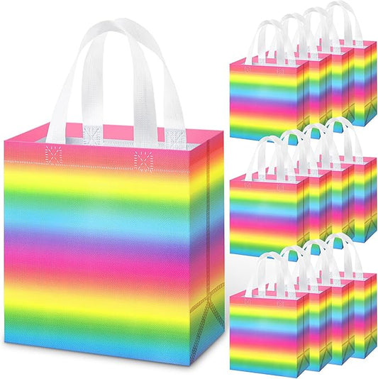 Sweetude 16 Pcs Pastel Gift Bags Pastel Rainbow Gift Bag with Handles Rainbow Party Favors Non Woven Reusable Tote for Women Wedding Birthday Baby Shower Mothers Day Party Decorations