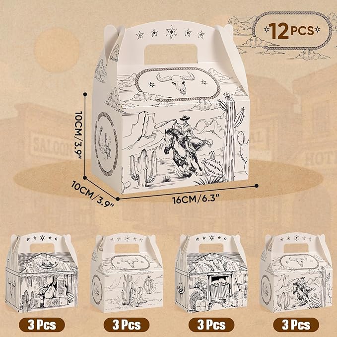 WERNNSAI Cowboy Party Favors Boxes - 12 PCS Western Goodie Boxes for Birthday Decorations Wild West Party Favors for Birthday Holiday Party Supplies
