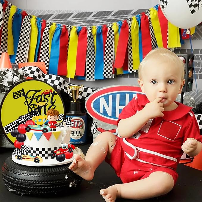 MEMOVAN Race Car Cake Topper Red Black Balls Cake Toppers Fast One Cake Decorations 1st Birthday Cake for Boy's Kids Racing Car Checkered Flag Themed BirthdayParty Favors