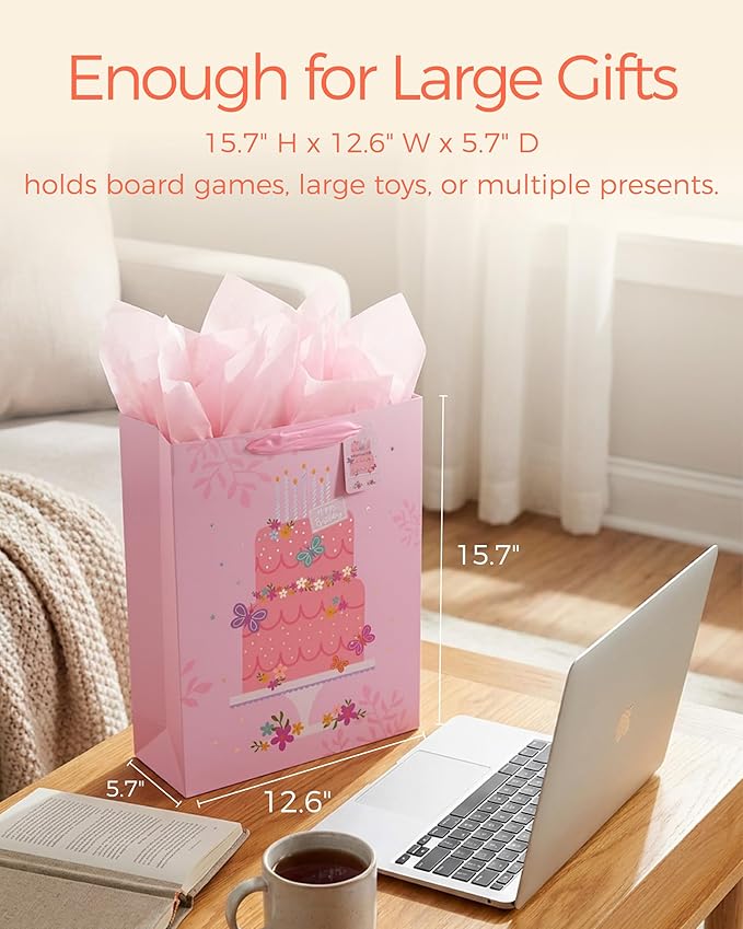 SUNCOLOR Extra Large Gift Bag with Tissue Paper for Girls Happy Birthday Party, 16 X12.6 X 5.7 Inch, Cake, For Birthday, Baby Shower, Children's Party