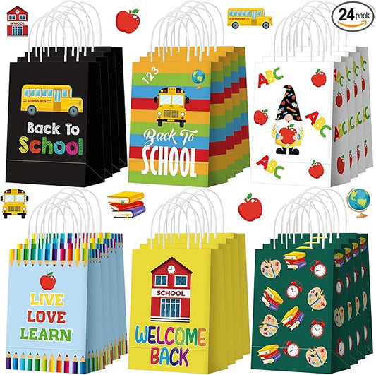 Kolldenn 24 Pcs Welcome Back to School Gift Goodie Bags with Handles First Day of School Party Favors Bags Paper Book Pencil Bus Gnome Candy Treat Pouch for Classroom Party Decorations Supplies