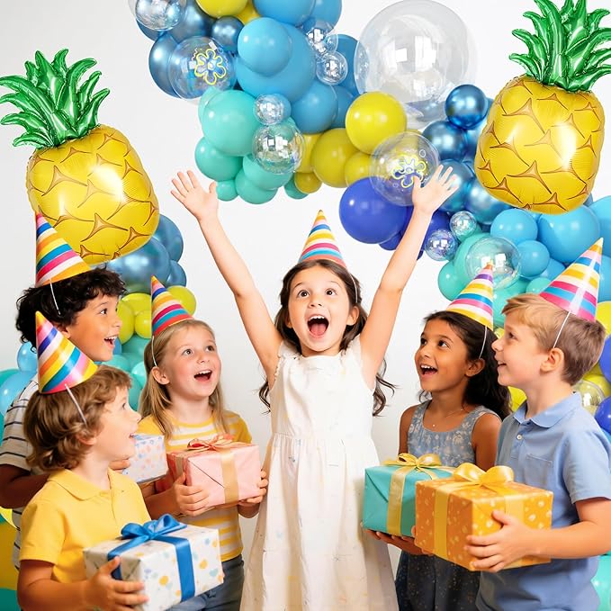 Amandir 165Pcs Cartoon Blue and Yellow Balloons Arch Garland Kit, Teal Metallic Blue Yellow Flower Printed Clear Pineapple Balloons for Cartoon Birthday Shower Ocean Sea Party Backdrop Decorations