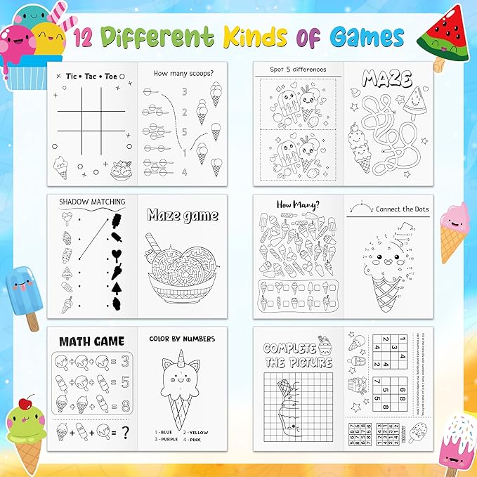 Ice Cream Activity Books for Kids 48Pcs Summer Ice Cream Mini Games Coloring Book Set Bulk Mazes Word Search Word Scramble Games for School Classroom DIY Art Gifts Summer Holiday Party Favors