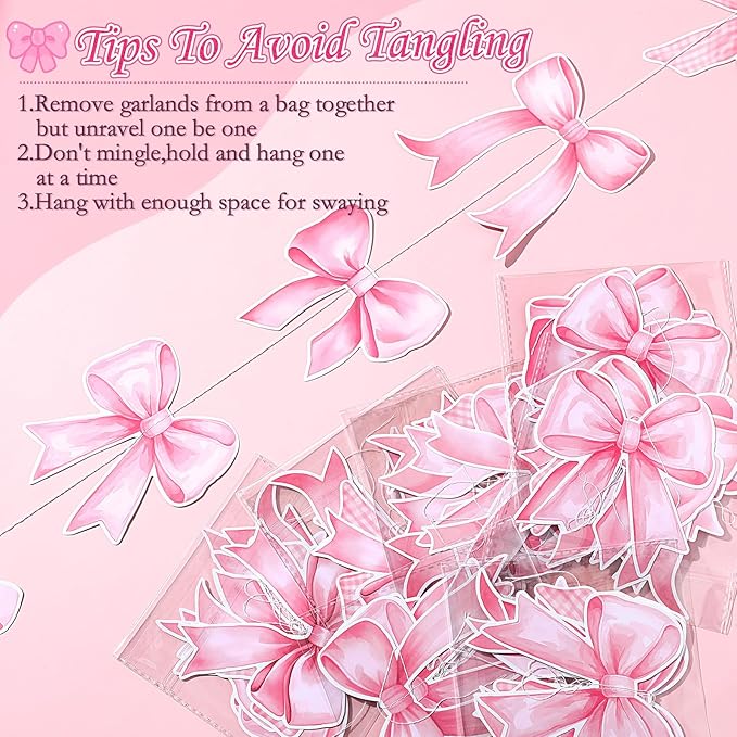 Daifunli 8 PCS Bow Decorations Bow Hanging Banners Garland Banners Paper Cutouts Ribbon Streamers for Birthday Bridal Engagement Bachelorette Wedding Party Decor(Pink)